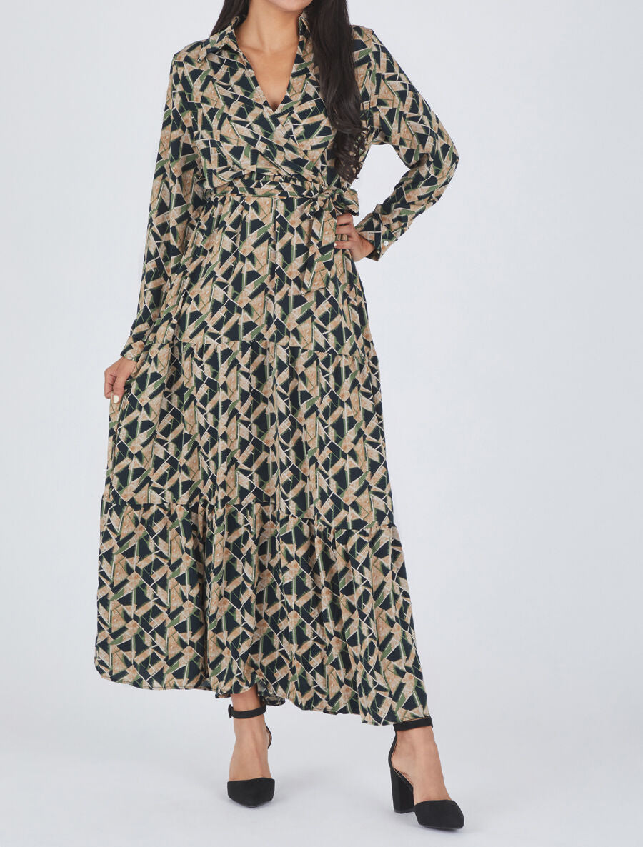 Robe longue empire imprimé graphique - Vert - 4