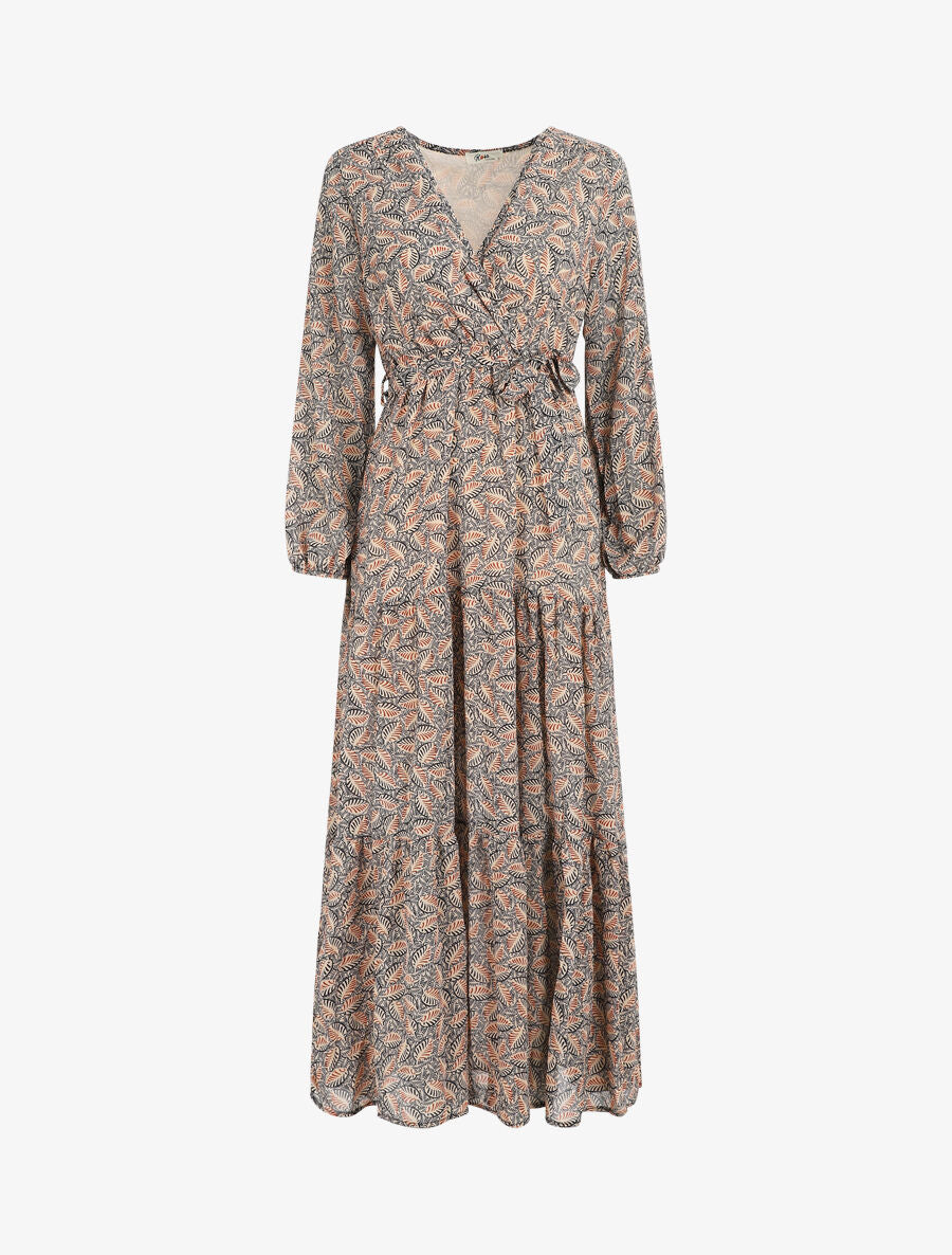 Robe longue en voile imprimé feuilles stylisées - Marine - 1