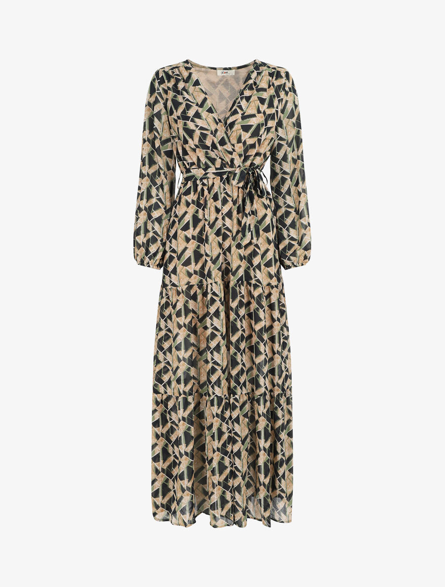Robe longue en voile imprimé graphique - Noir - 1