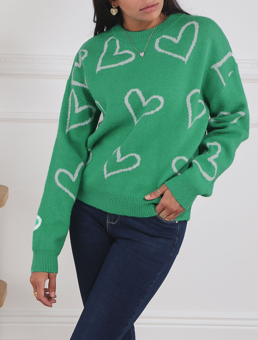 Pull droit à motif coeur - Vert - 4