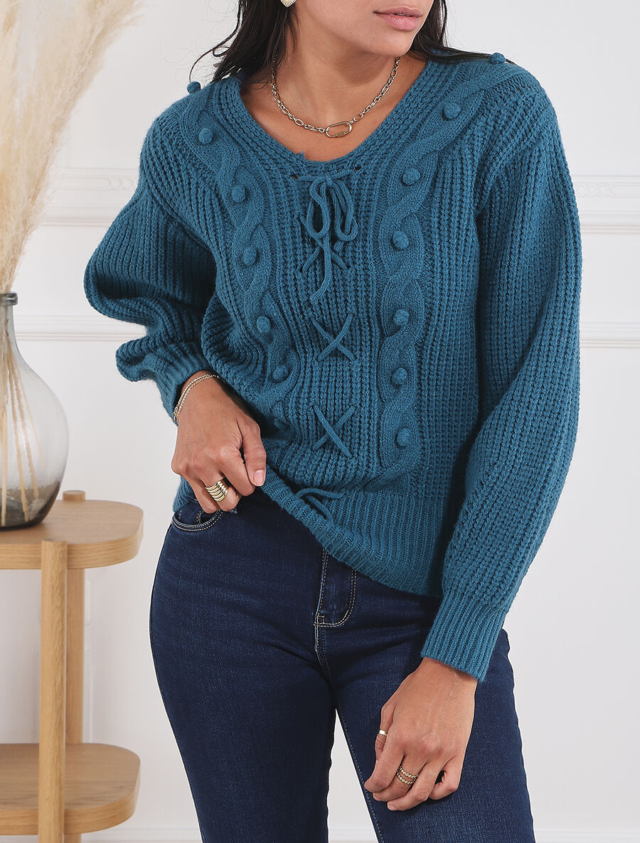 Pull corseté à manches bouffantes - Bleu canard - 4