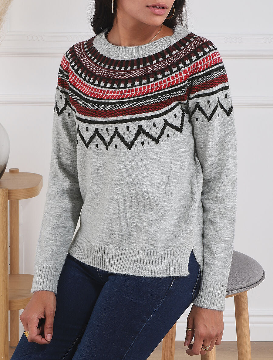 Pull col rond à motif norvégien - Gris - 4