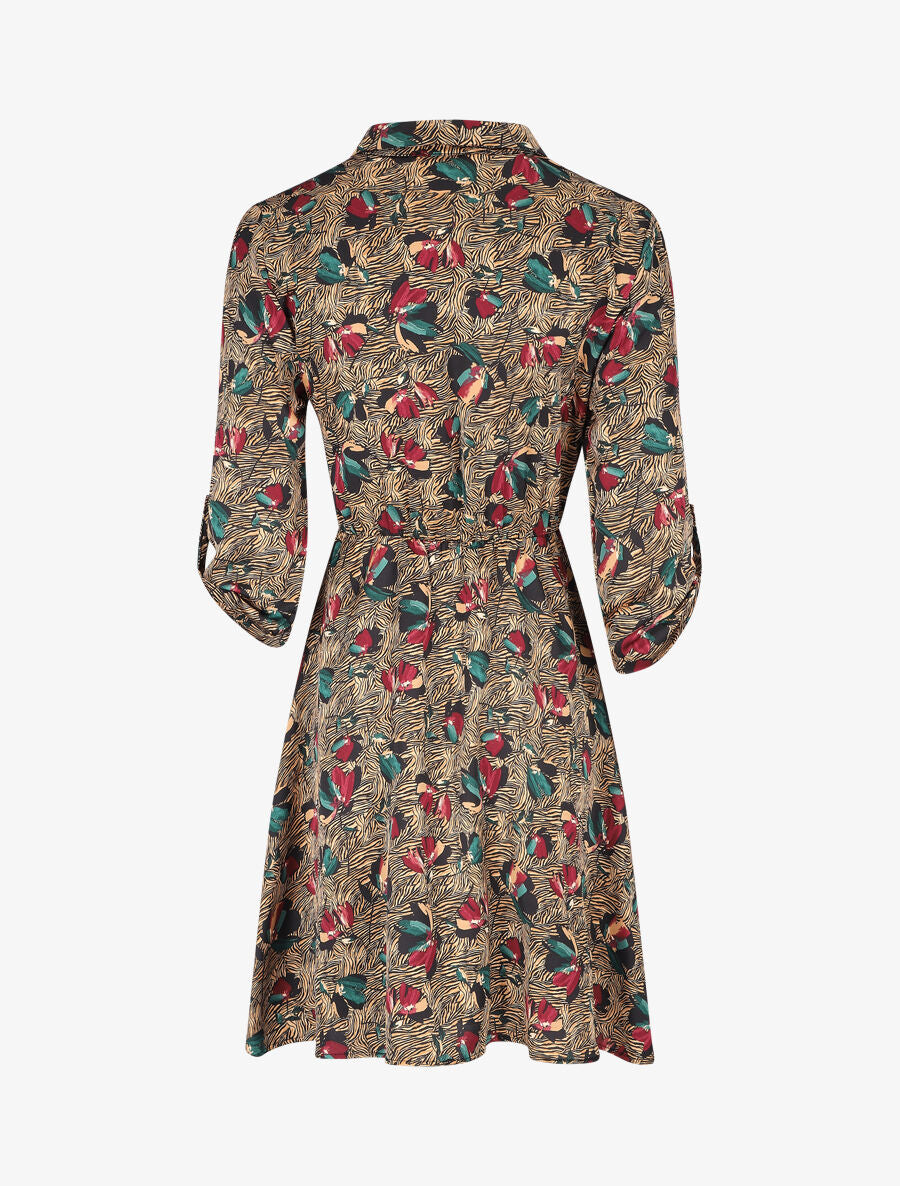 Robe florale satinée et évasée - Beige - 2