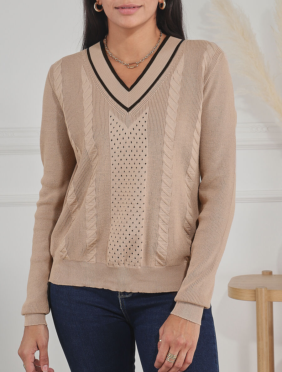 Pull à col V irisé - Beige - 4