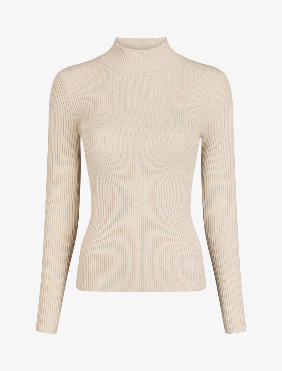 Pull ajusté côtelé à col montant - Beige - 1
