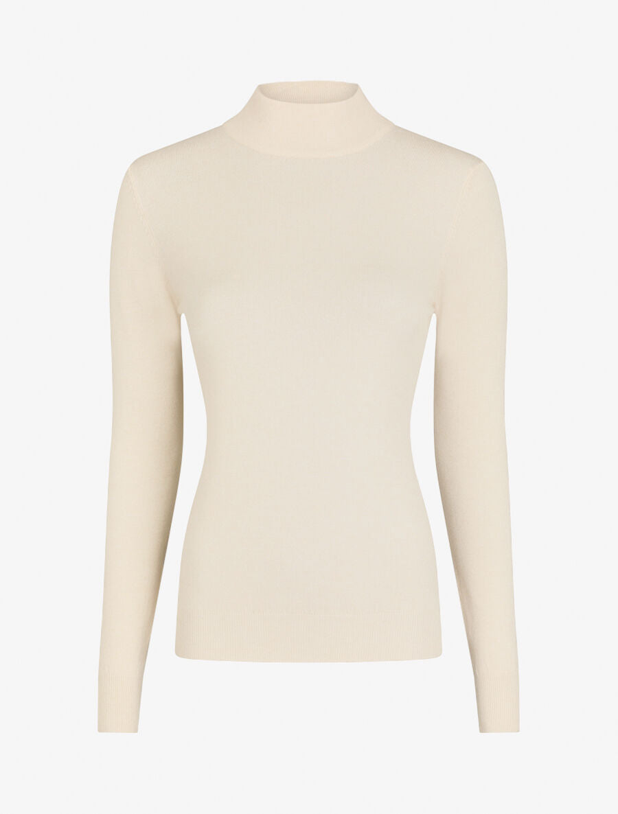 Pull fin en laine mélangée à col montant - Beige - 1