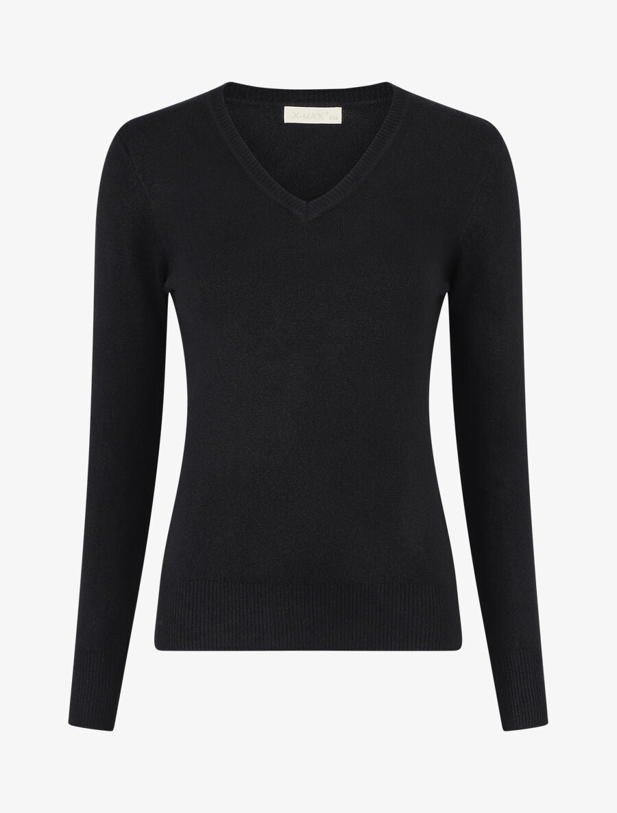 Pull en laine mélangée à col V - Noir - 1