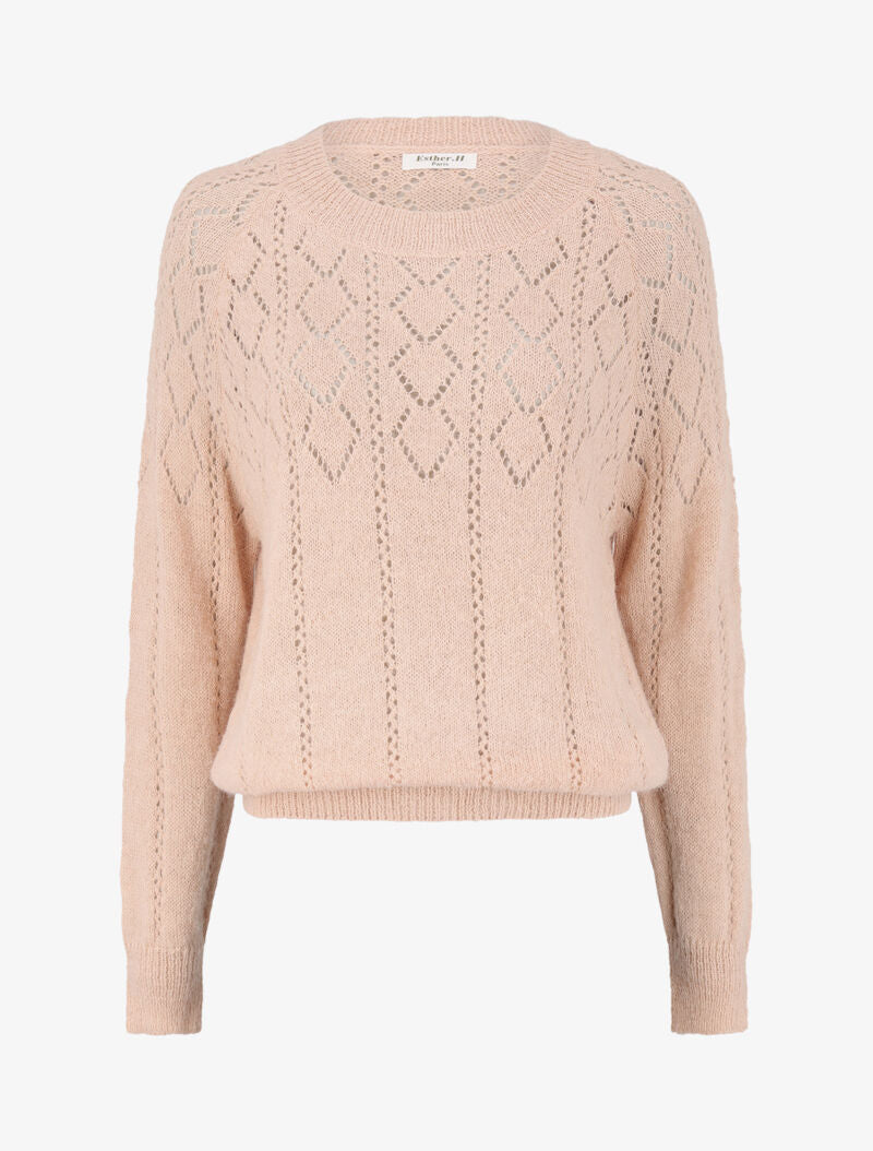 Pull à col rond en maille ajourée - Rose pâle - 1