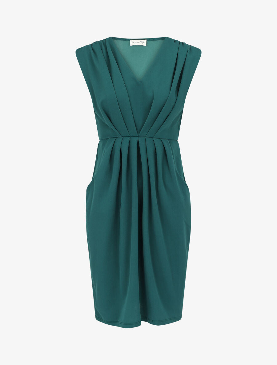 Robe droite effet drapé à col V - Vert sapin - 1