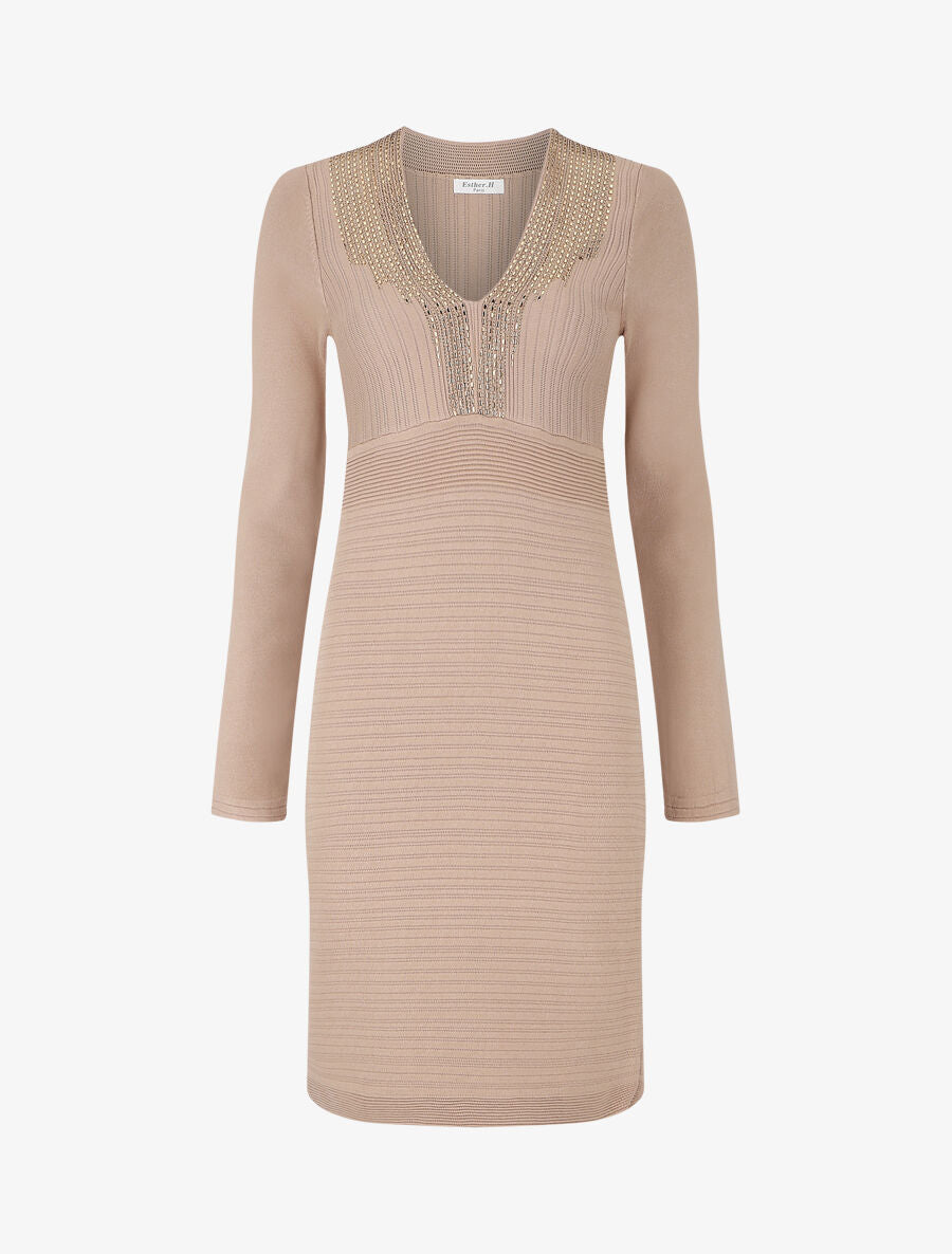 Robe ajustée à perles - Beige - 5