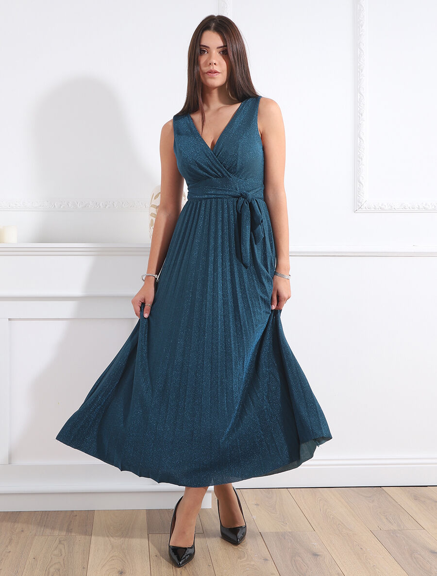 Robe longue irisée effet plissé - Bleu canard - 4