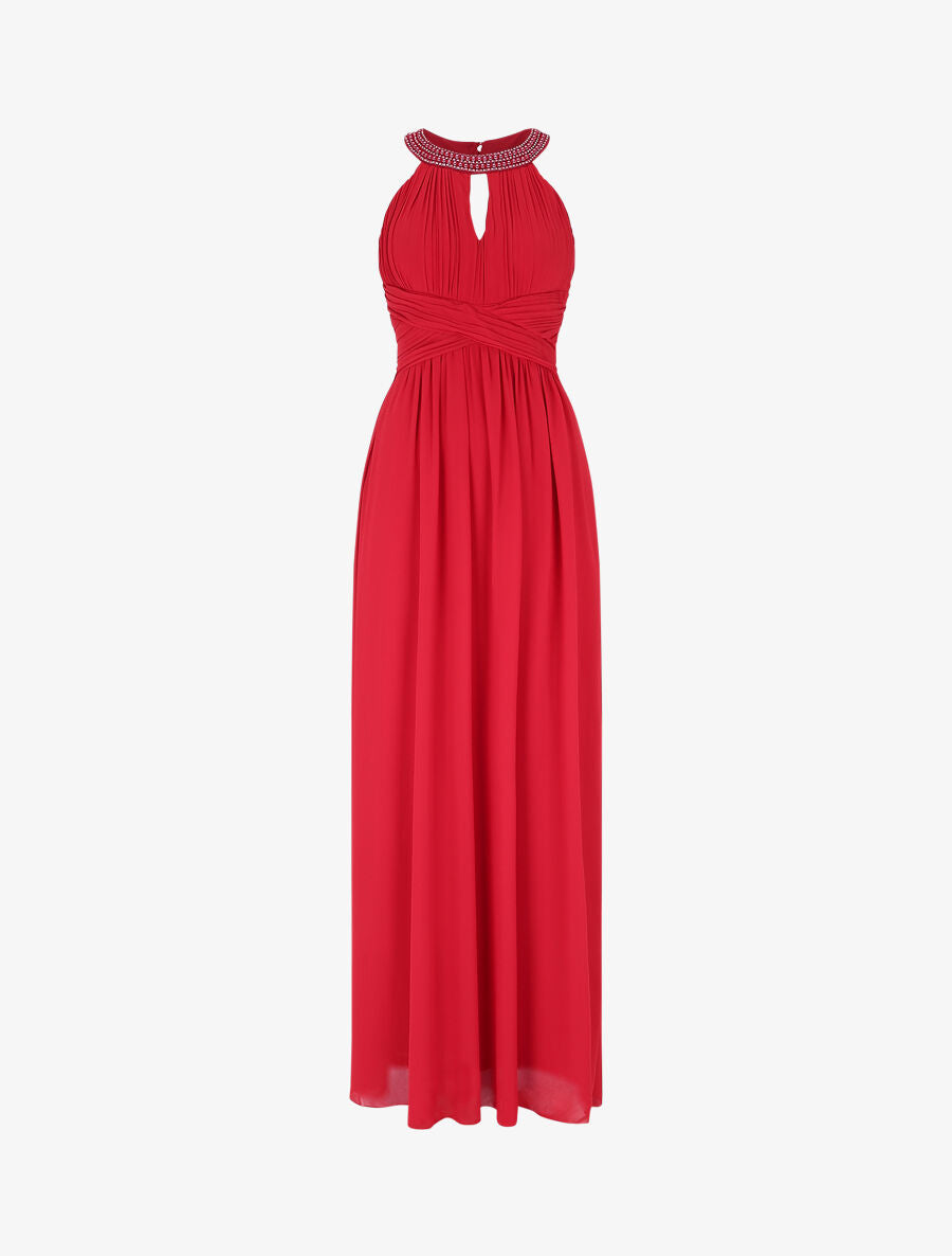 Robe longue à col américain orné de strass - Rouge - 4