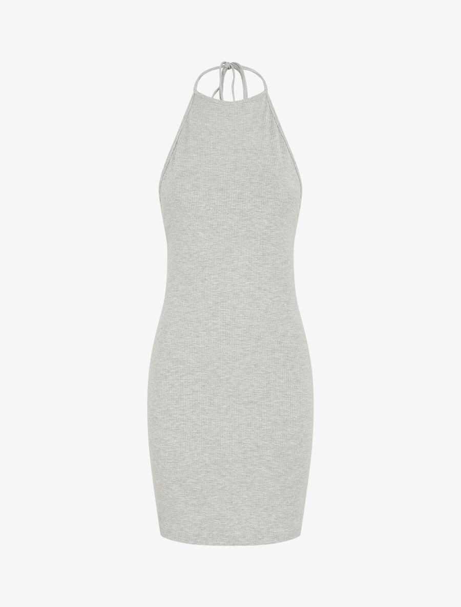 Robe unie côtélé à dos-nu - Gris - 4