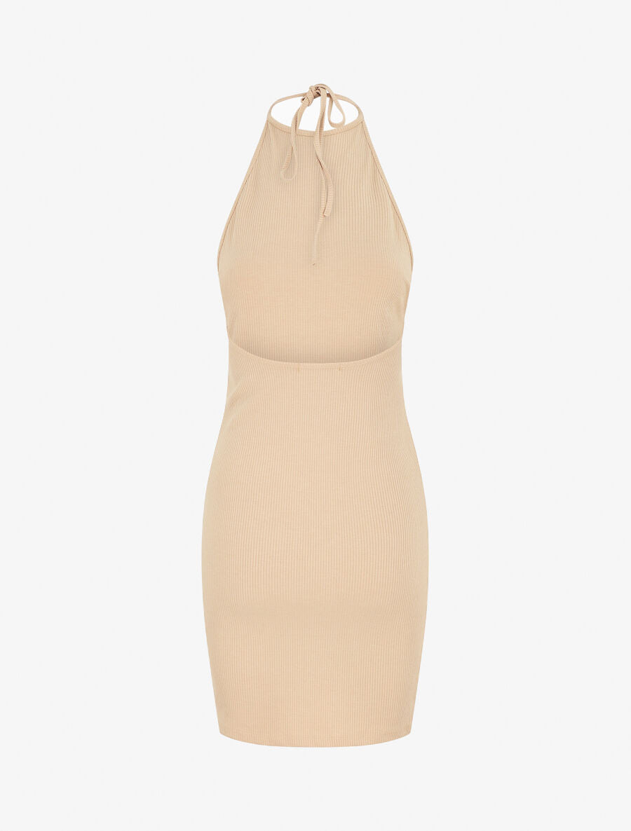 Robe unie côtélé à dos-nu - Beige - 2