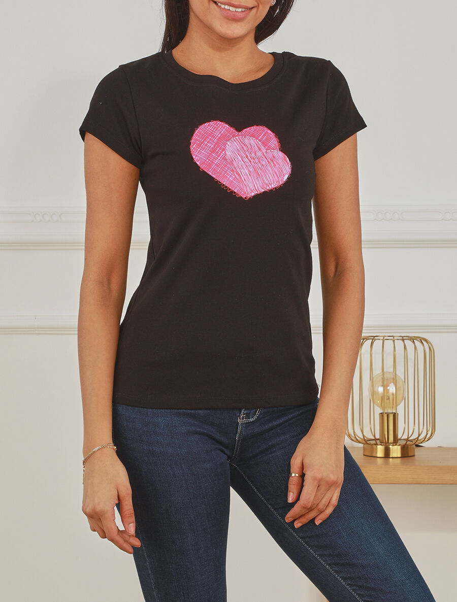 T-shirt droit manches courtes motif coeur - Noir - 4