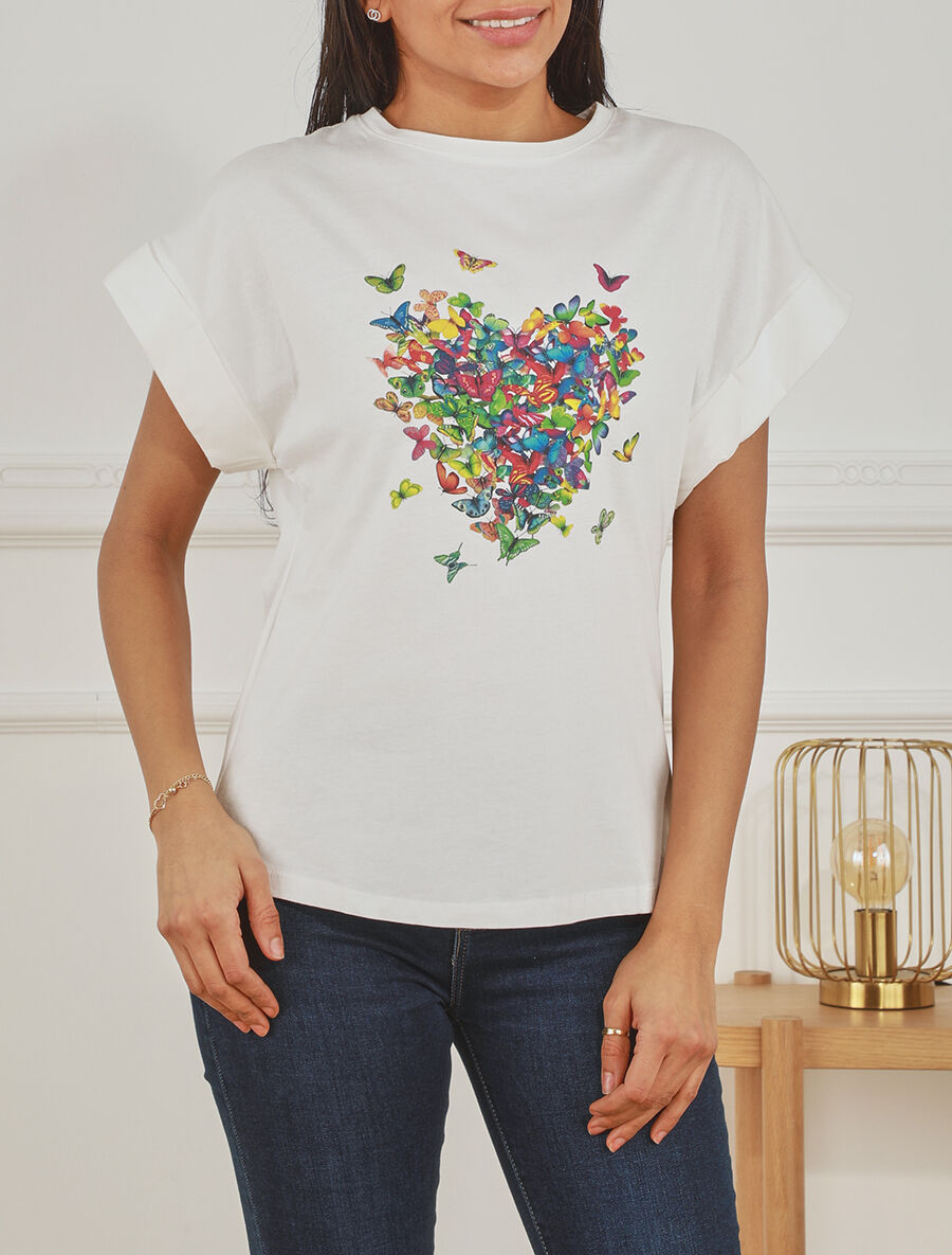 T-shirt à manches courtes imprimé papillons en coeur - Blanc - 4