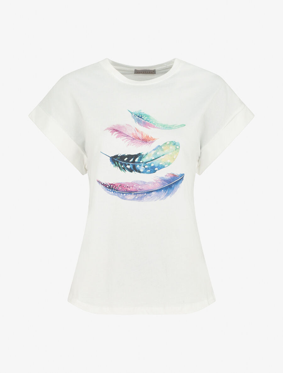 T-shirt à manches courtes imprimé plumes - Blanc - 1