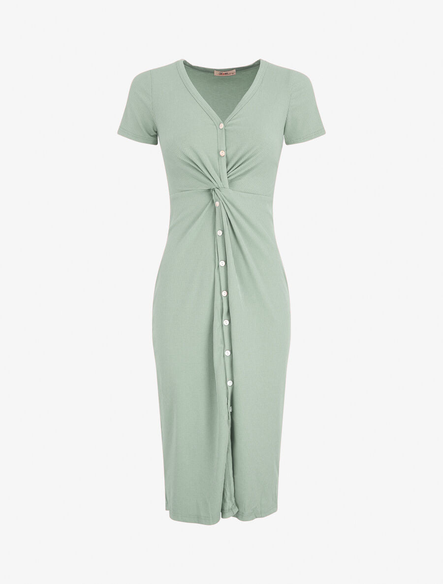 Robe longue côtelée boutonnée - Vert d&