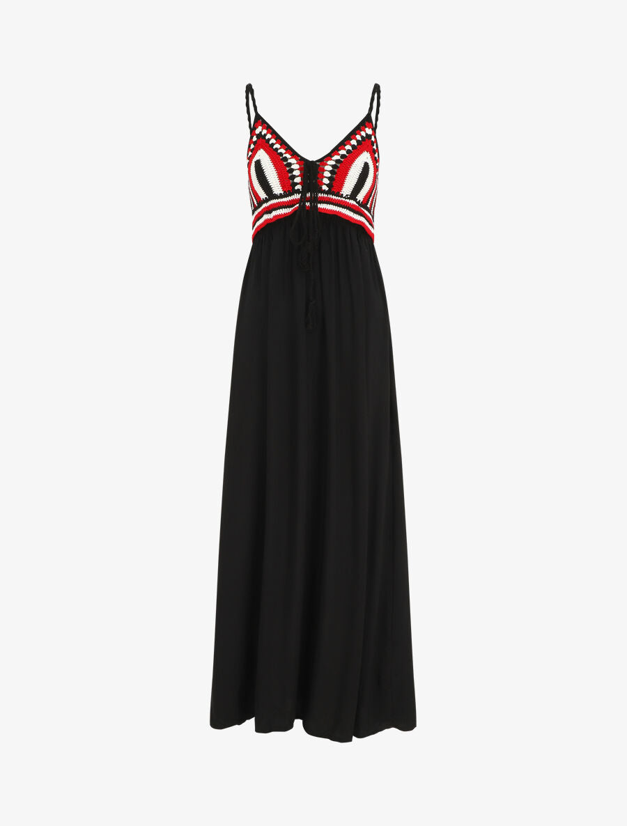 Robe longue à buste brodé - Noir - 1