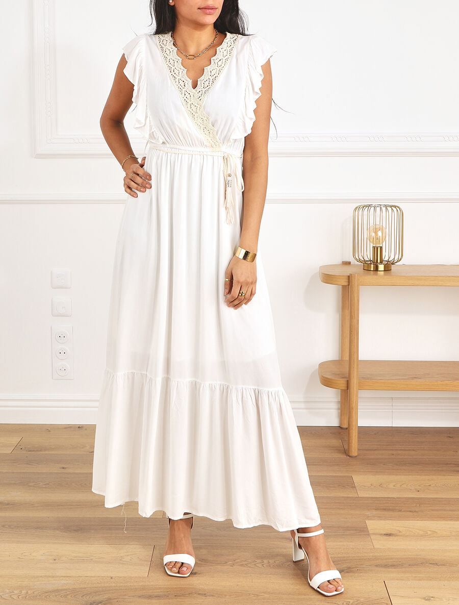 Robe longue élastiquée à col en crochet - Blanc - 4