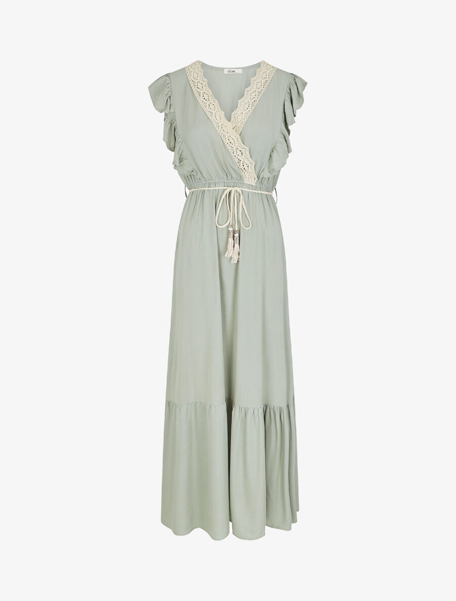 Robe longue élastiquée à col en crochet - Vert d&