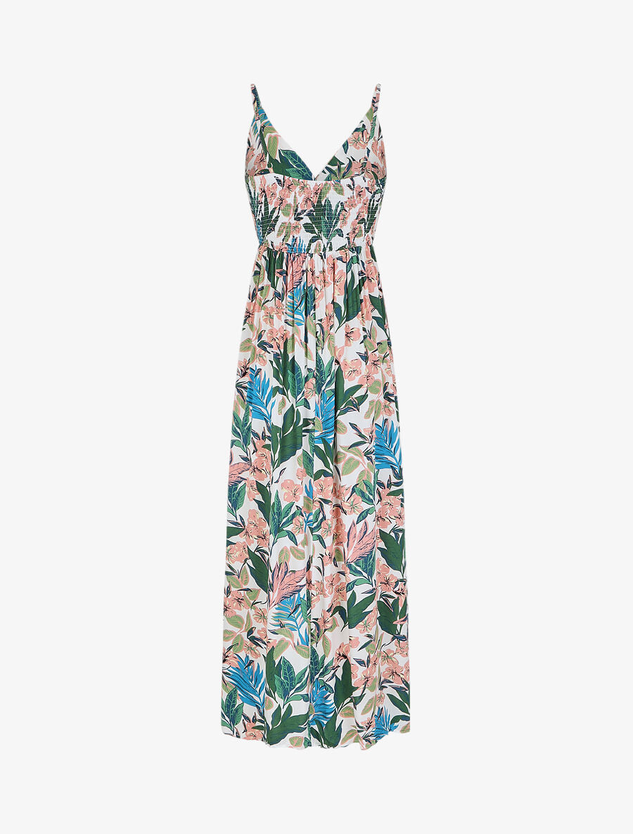Robe longue élastiquée à imprimé feuillage - Blanc - 3