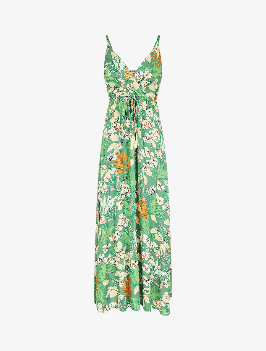 Robe longue élastiquée à imprimé feuillage - Vert - 6