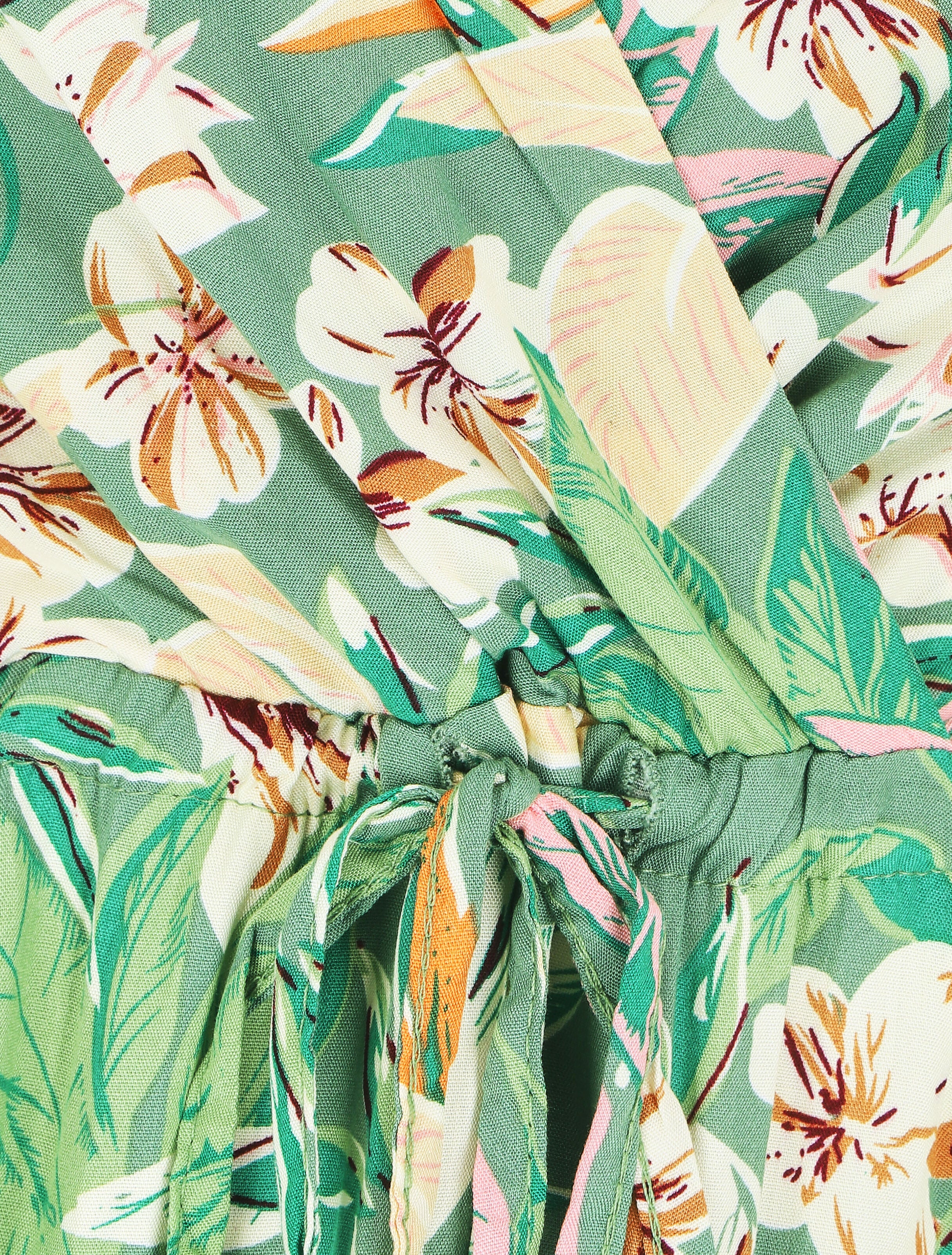Robe longue élastiquée à imprimé feuillage - Vert - 4