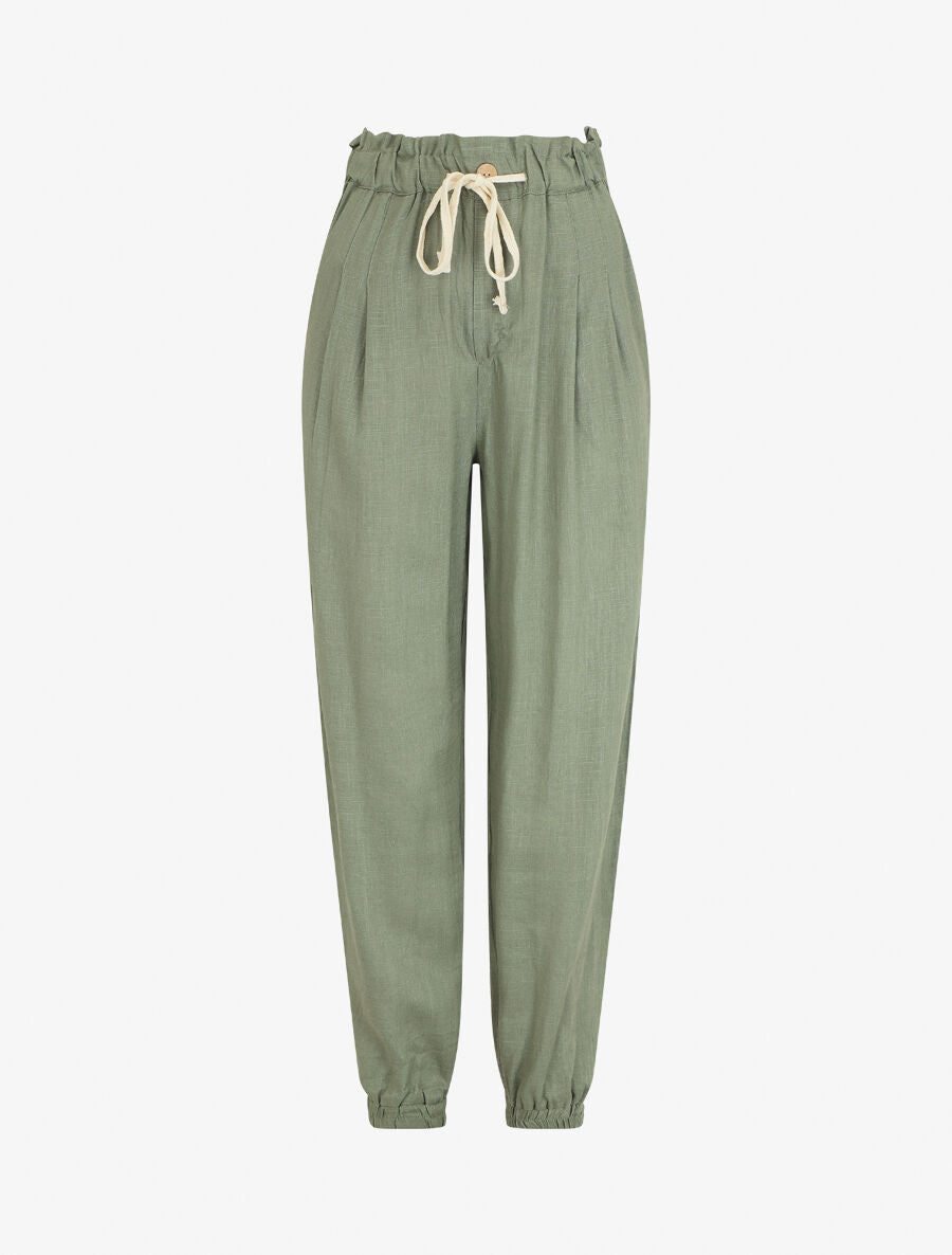 Pantalon droit style jogging effet lin - Kaki - 1