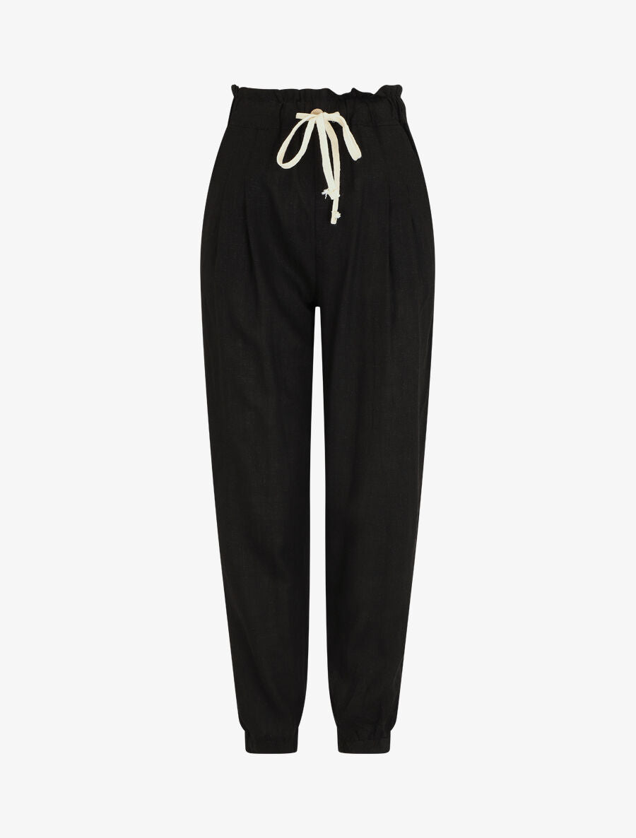 Pantalon droit style jogging effet lin - Noir - 1