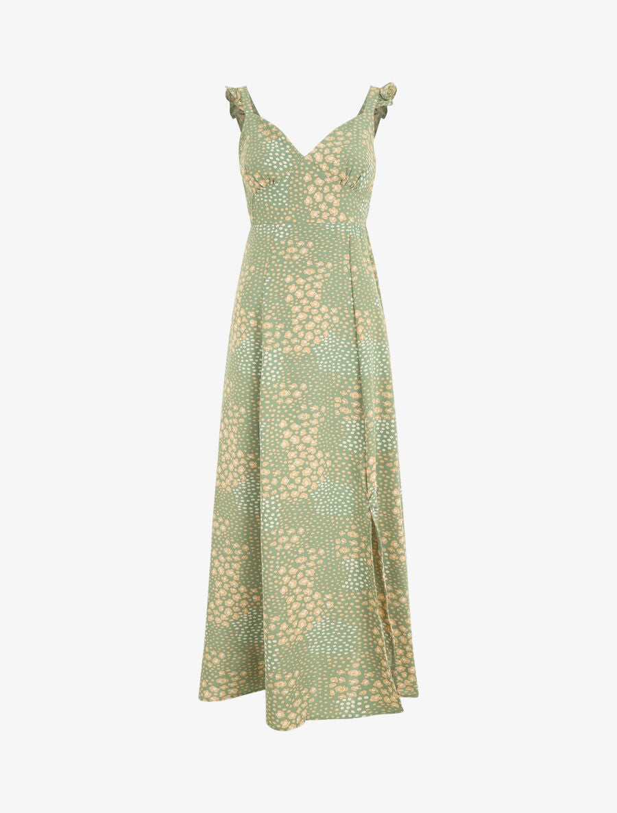 Robe longue léopard évasée bretelles volantées - Vert - 2