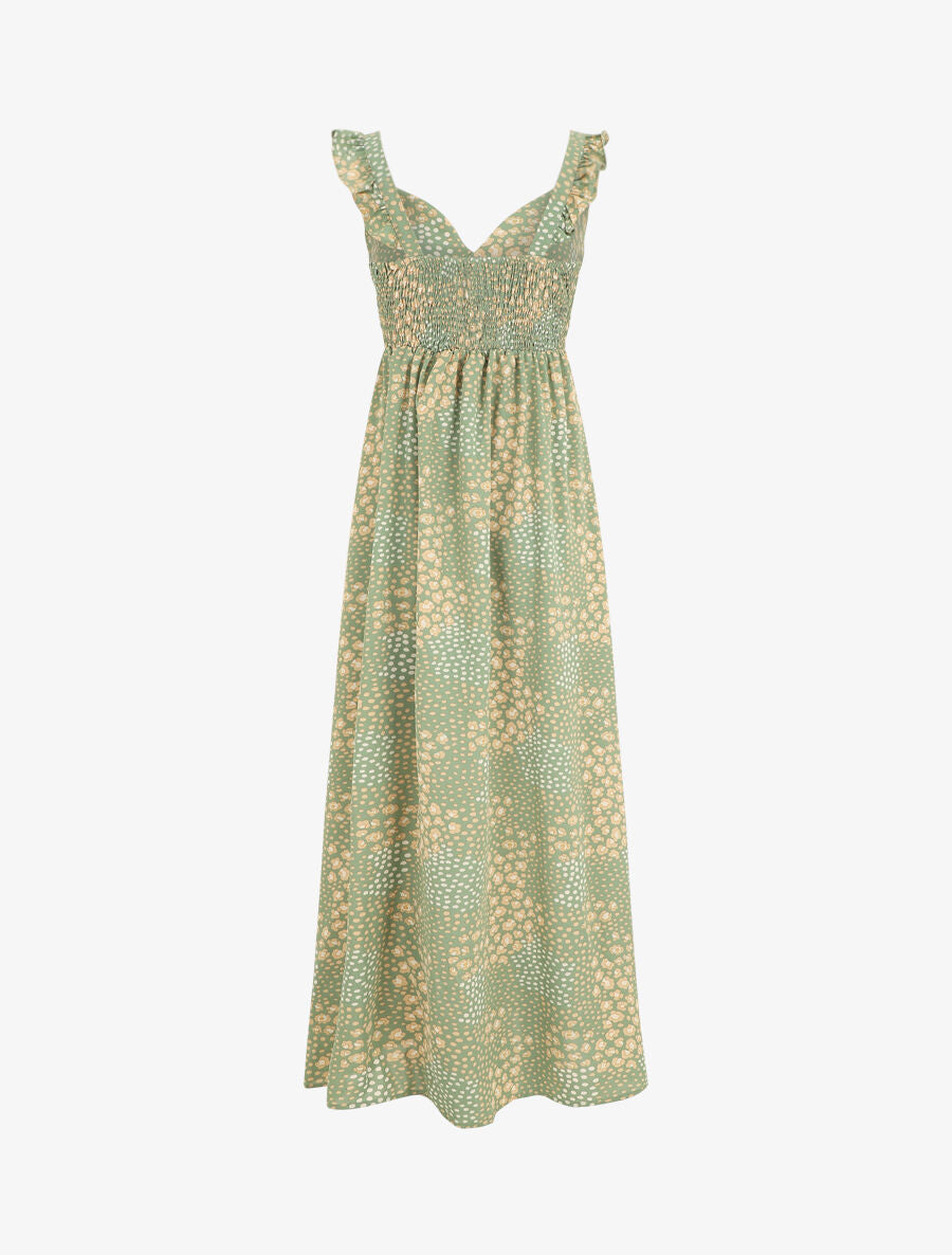 Robe longue léopard évasée bretelles volantées - Vert - 3
