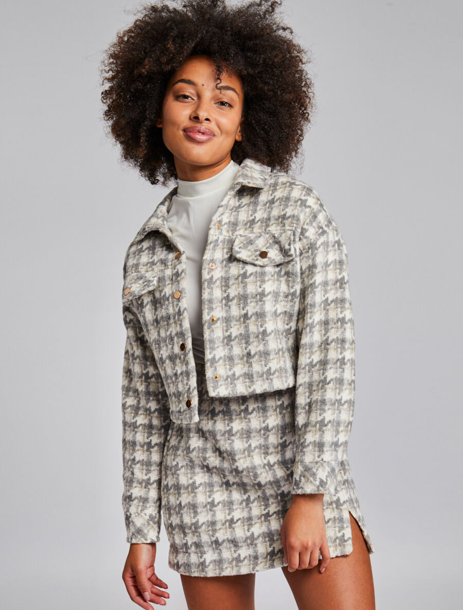 Veste courte à imprimé pied de poule - Gris clair - 4