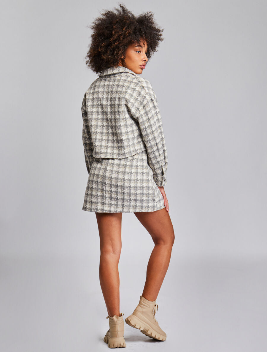 Veste courte à imprimé pied de poule - Gris clair - 5