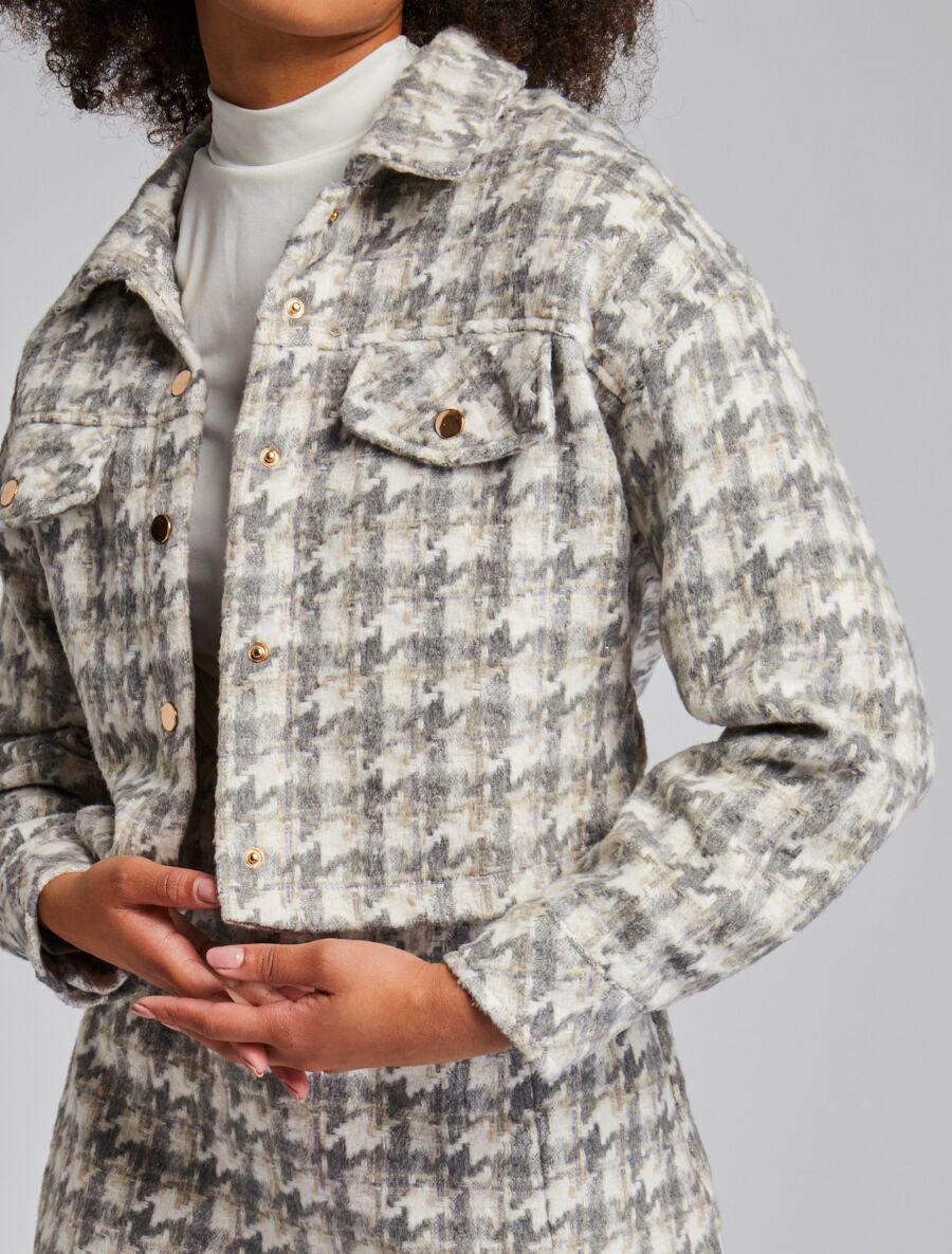 Veste courte à imprimé pied de poule - Gris clair - 6
