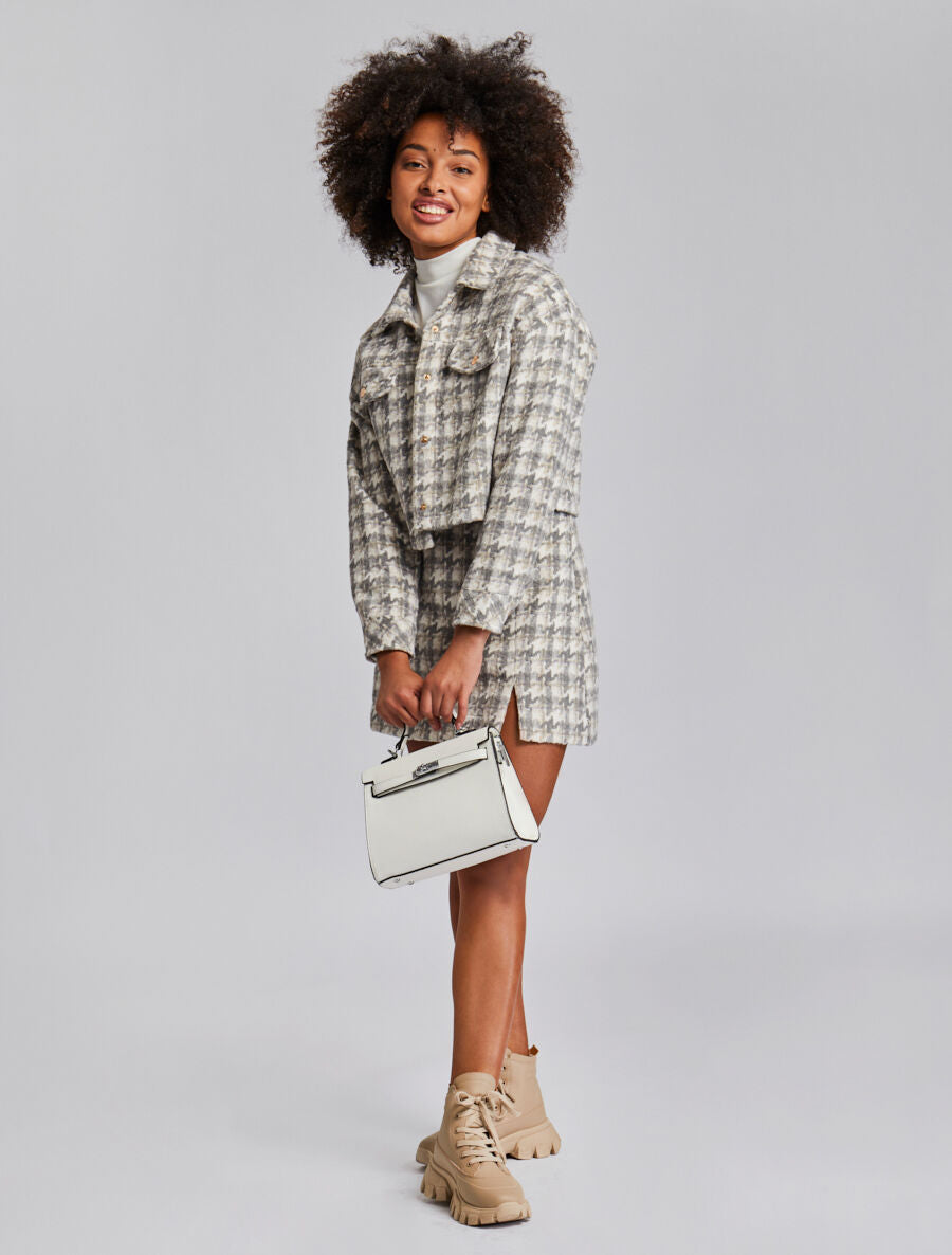 Veste courte à imprimé pied de poule - Gris clair - 7