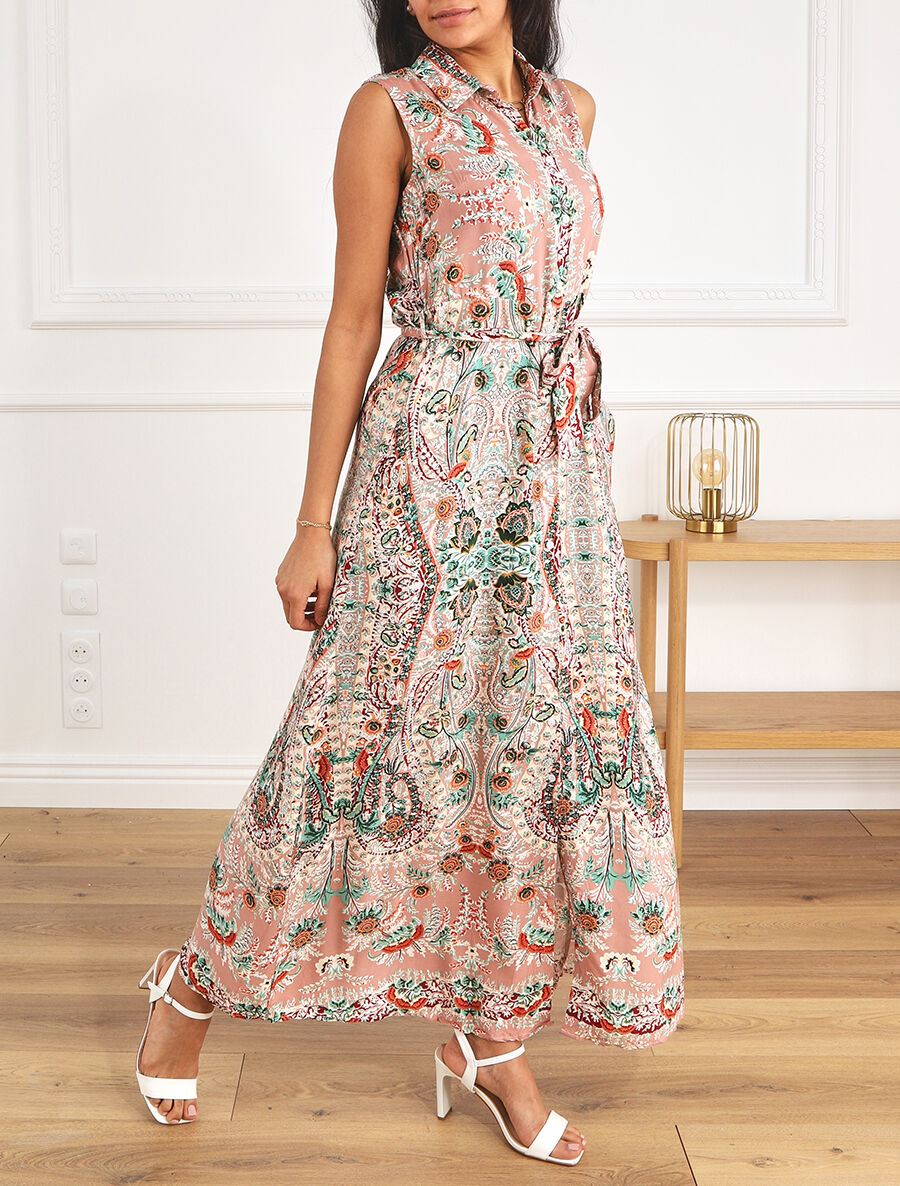 Robe longue sans manches imprimé fleurs stylisées - Rose - 4