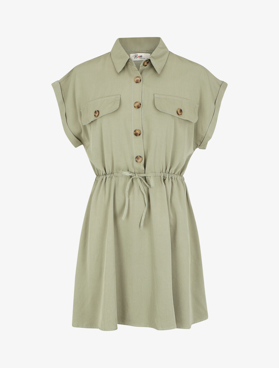 Robe chemise courte unie manches courtes - Kaki - 1