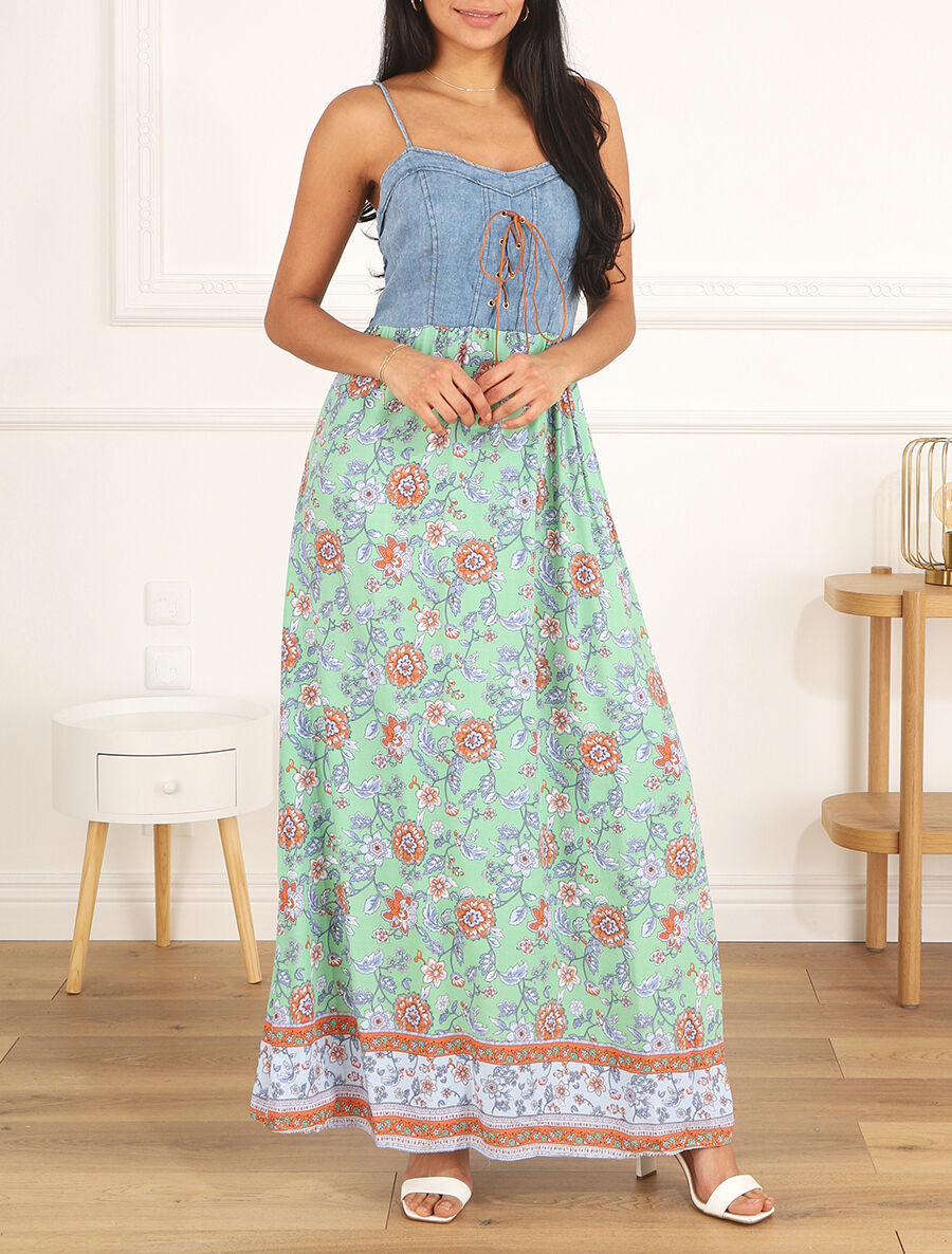 Robe longue bi-matière imprimé fleurs fantaisies - Vert d&