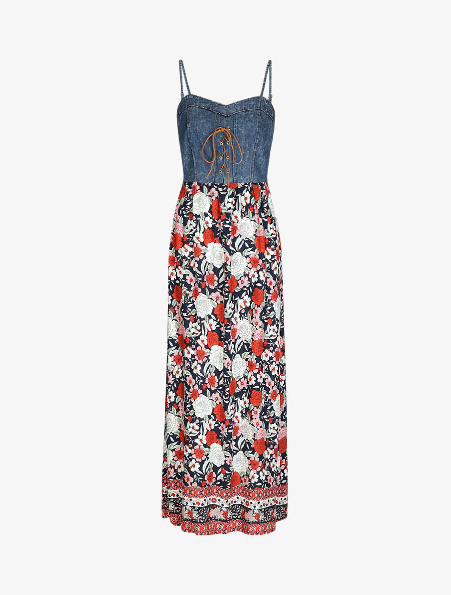 Robe longue bi-matière imprimé roses - Marine - 1