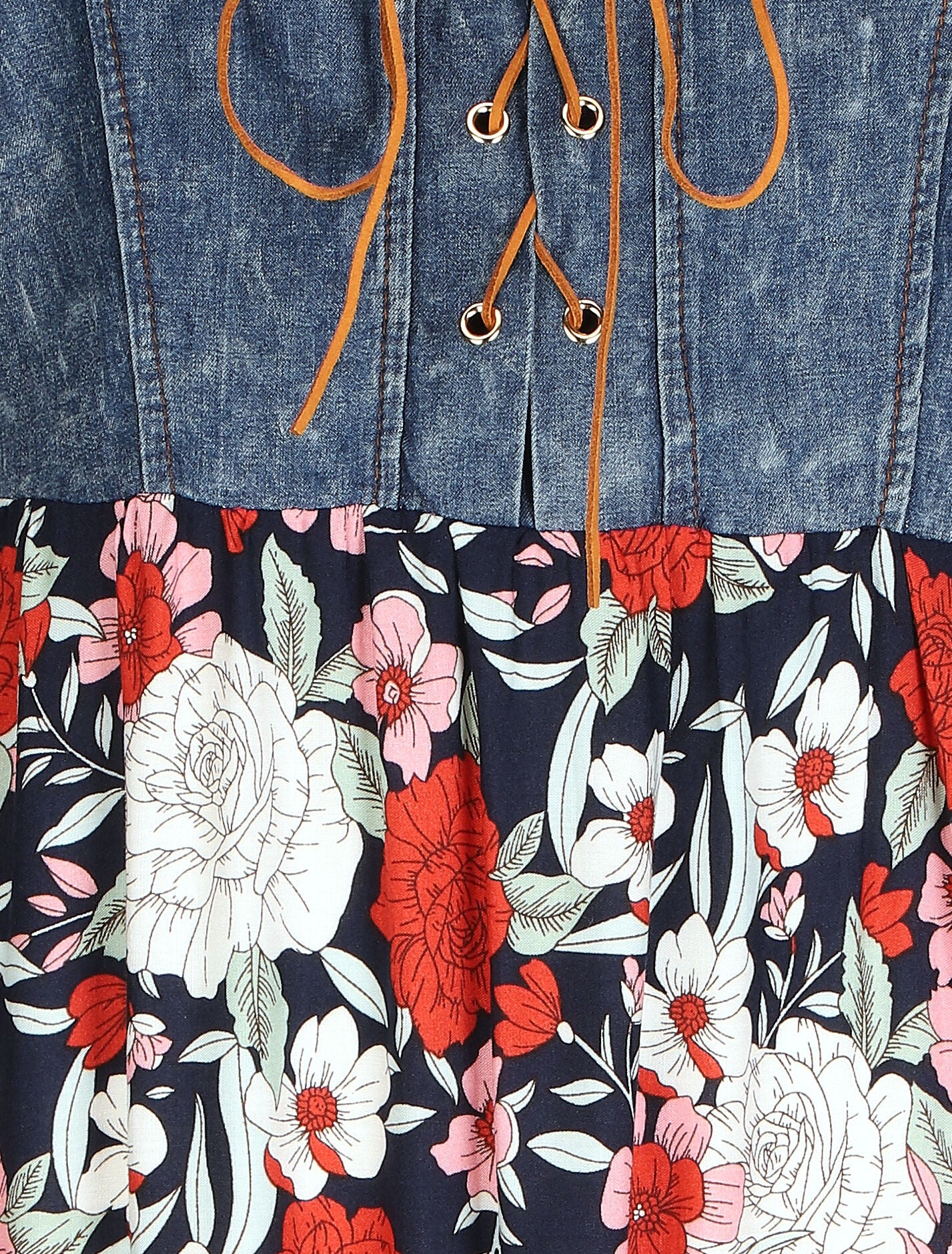 Robe longue bi-matière imprimé roses - Marine - 3