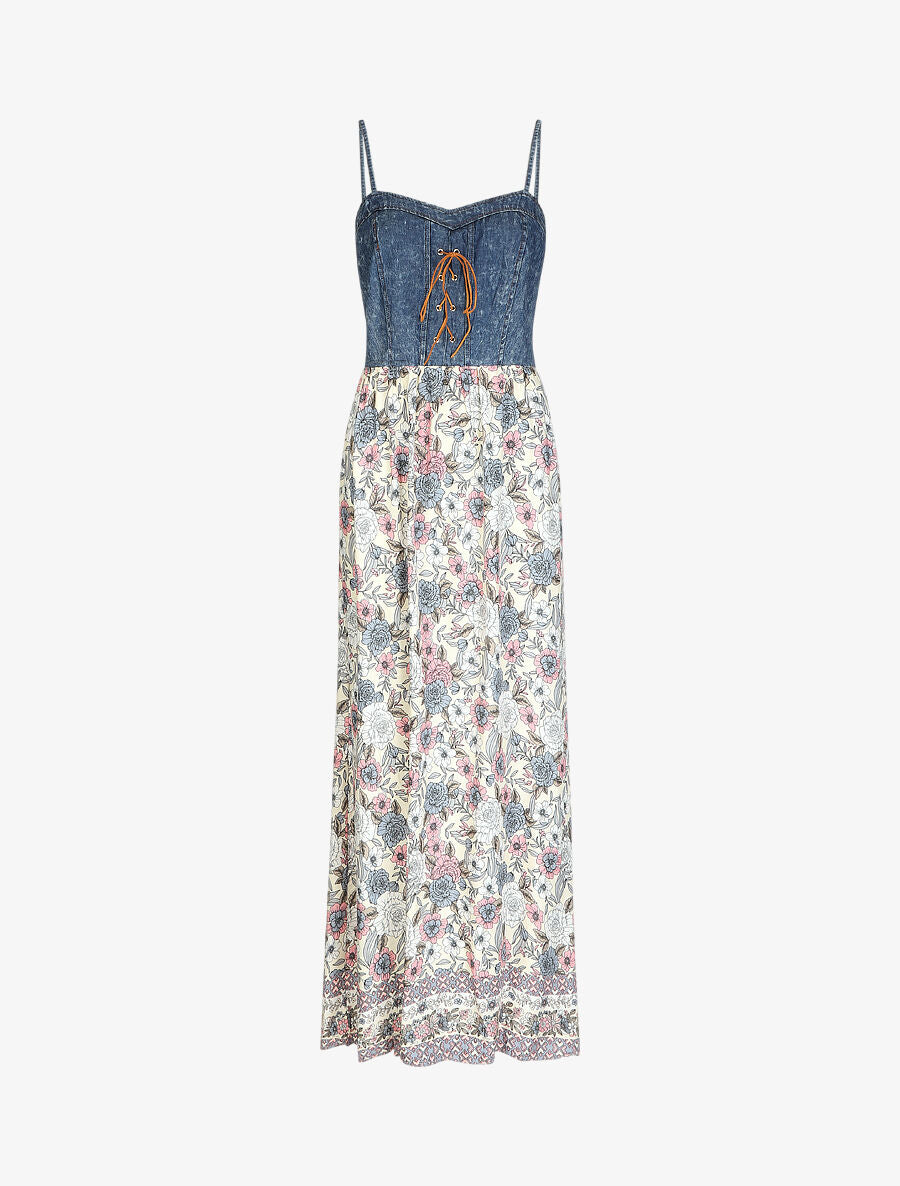 Robe longue bi-matière imprimé roses - Écru - 1