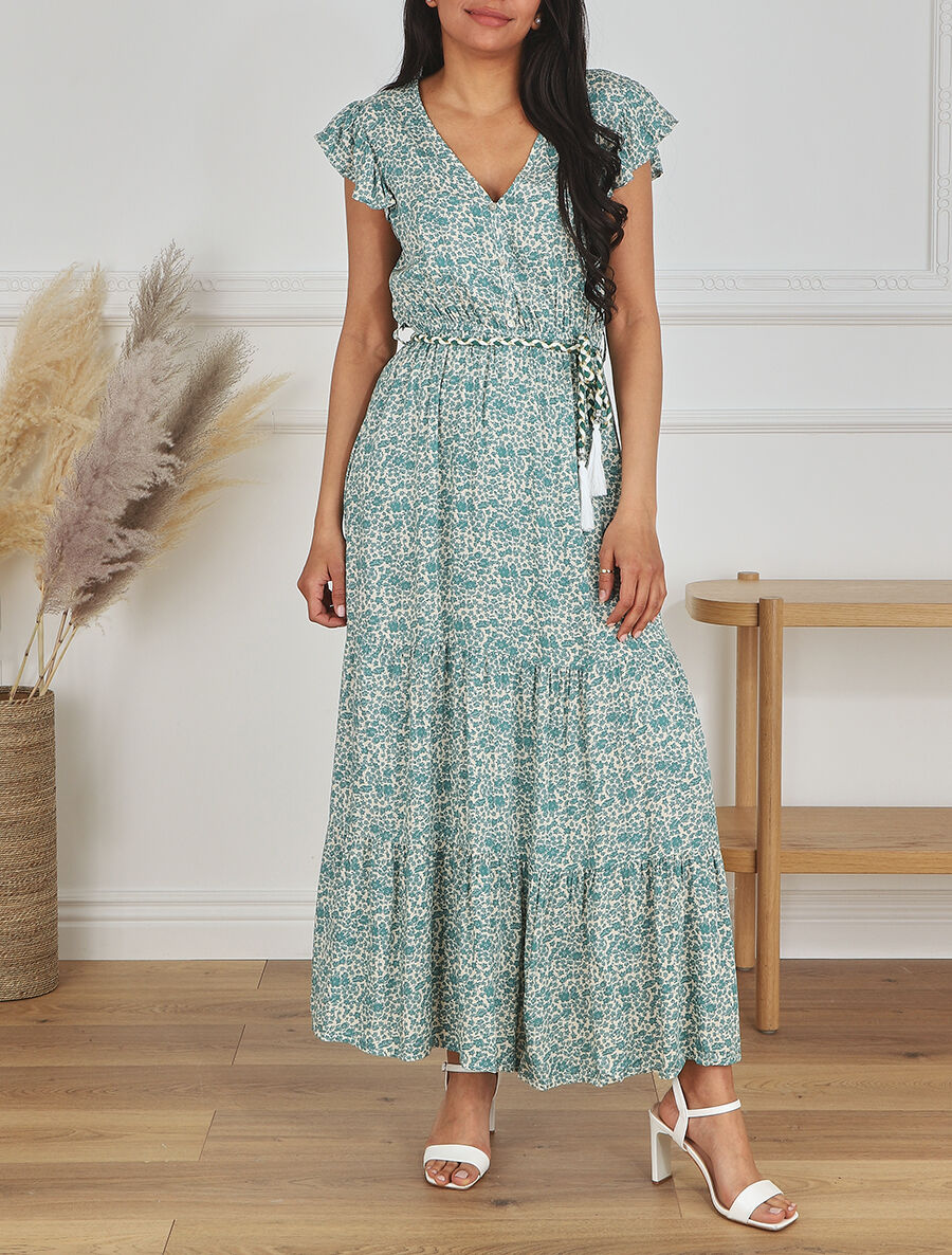 Robe longue évasée fleurie col V - Vert - 4