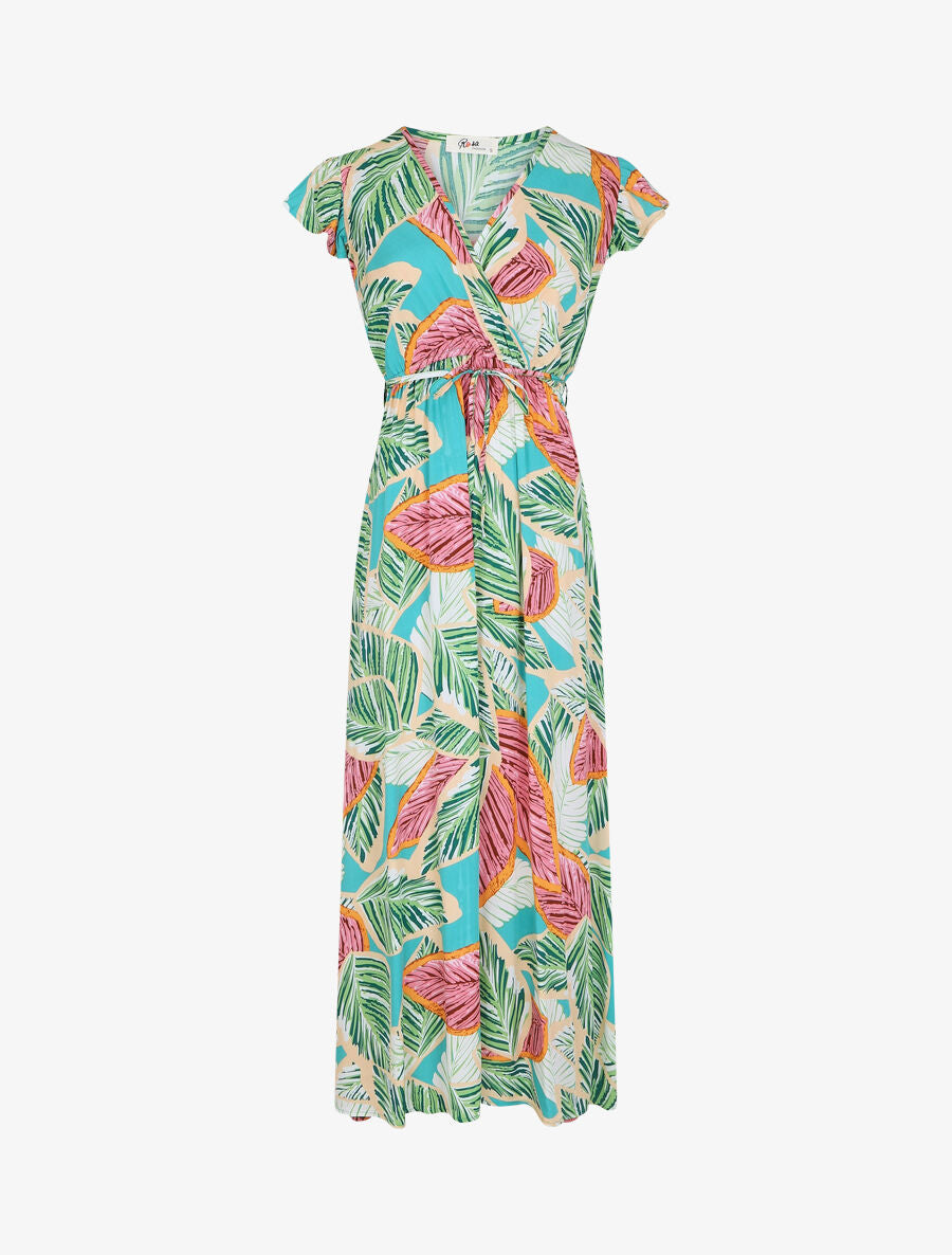 Robe longue col cache-coeur motif feuilles - Vert - 1