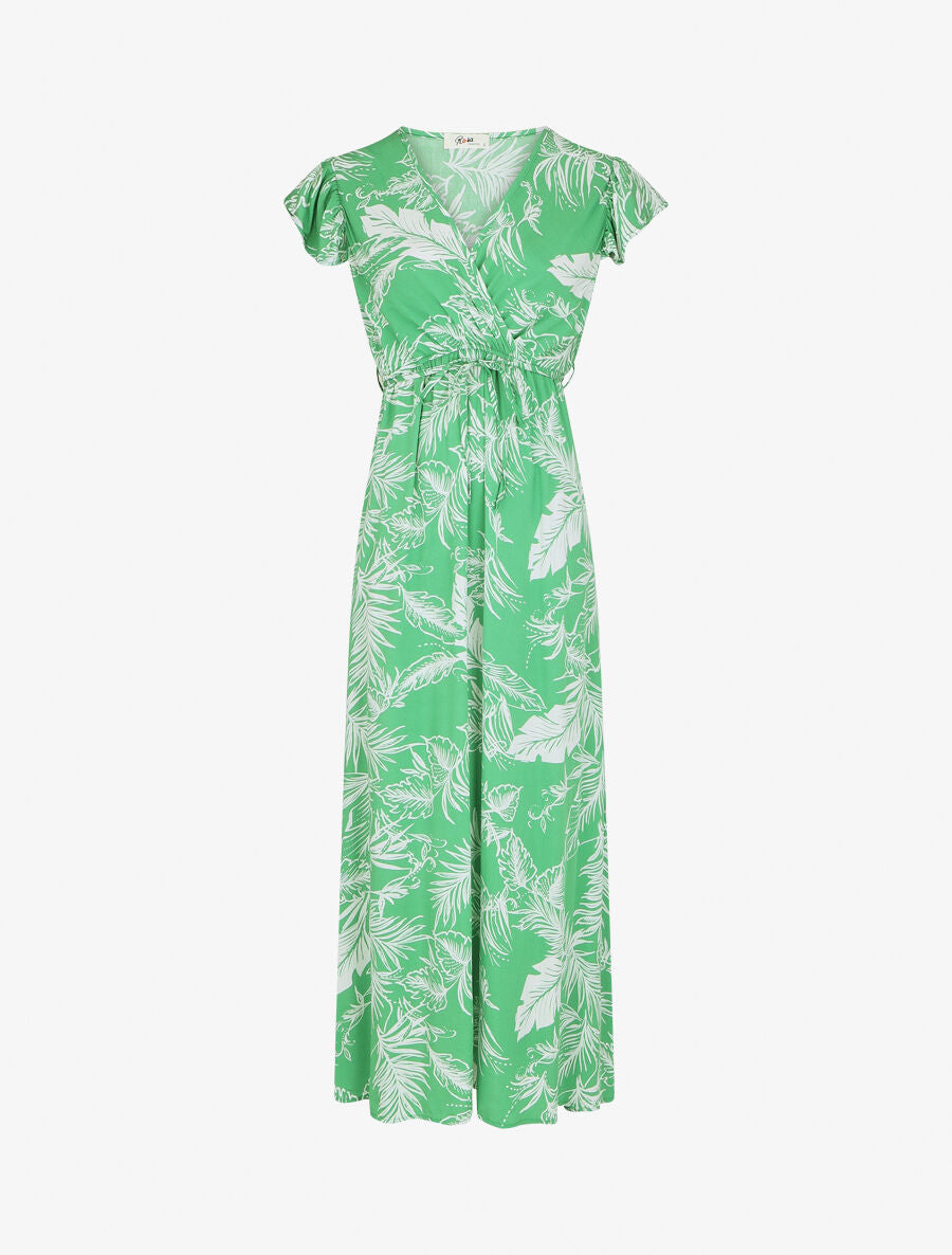 Robe longue col cache-coeur motif tropical - Vert - 2