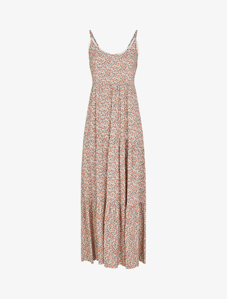 Robe longue à fleurs et fines bretelles - Beige - 5
