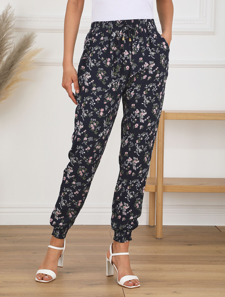 Pantalon style jogging imprimé petites fleurs - Marine - 4