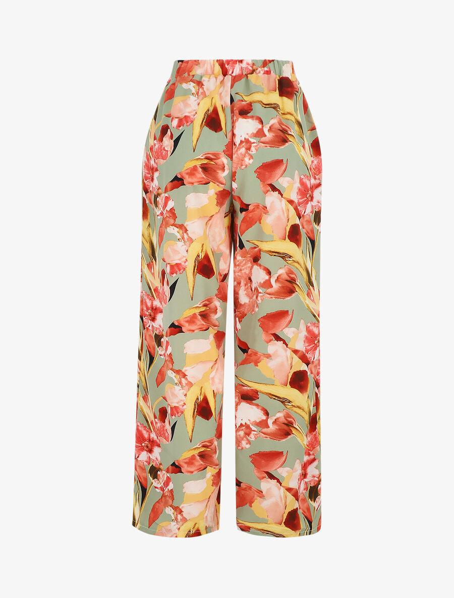 Pantalon ample motif grandes fleurs - Vert d&