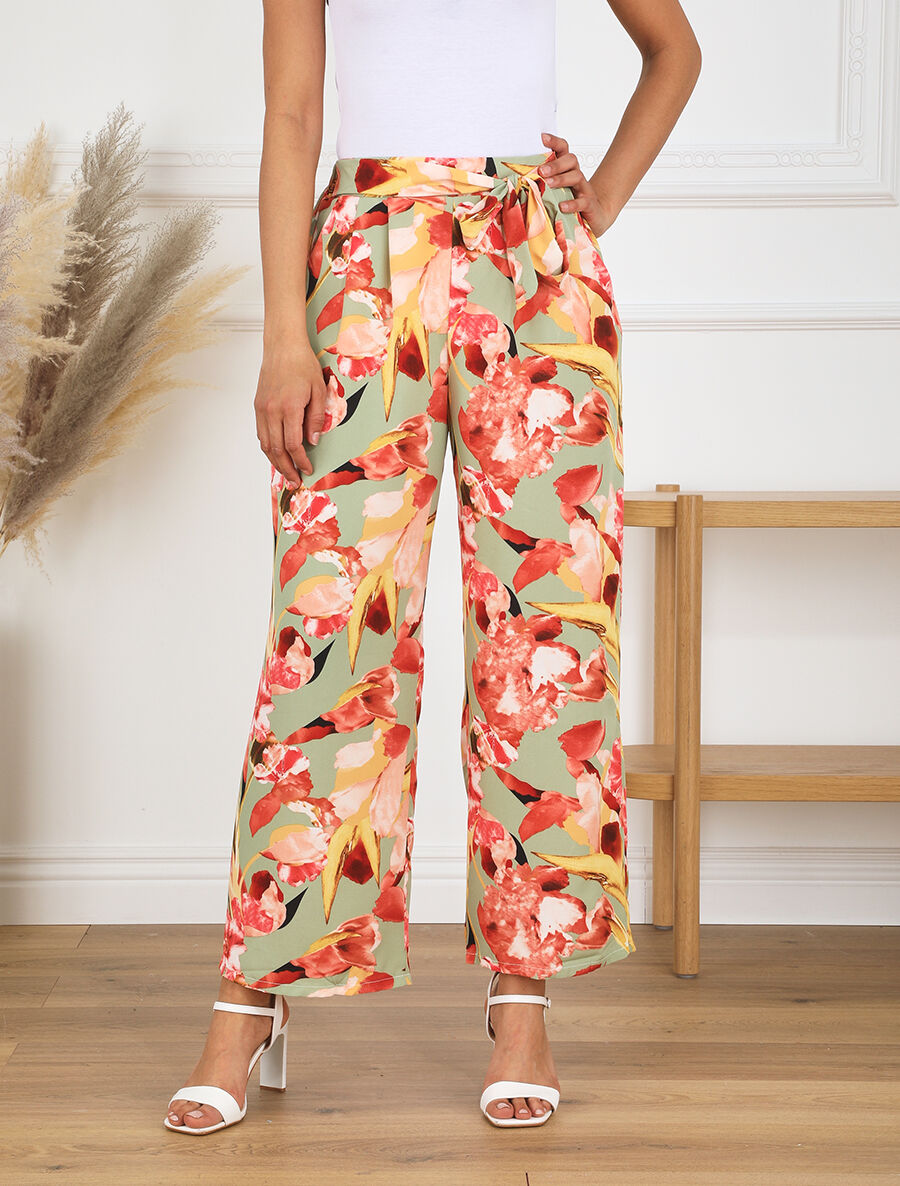 Pantalon ample motif grandes fleurs - Vert d&