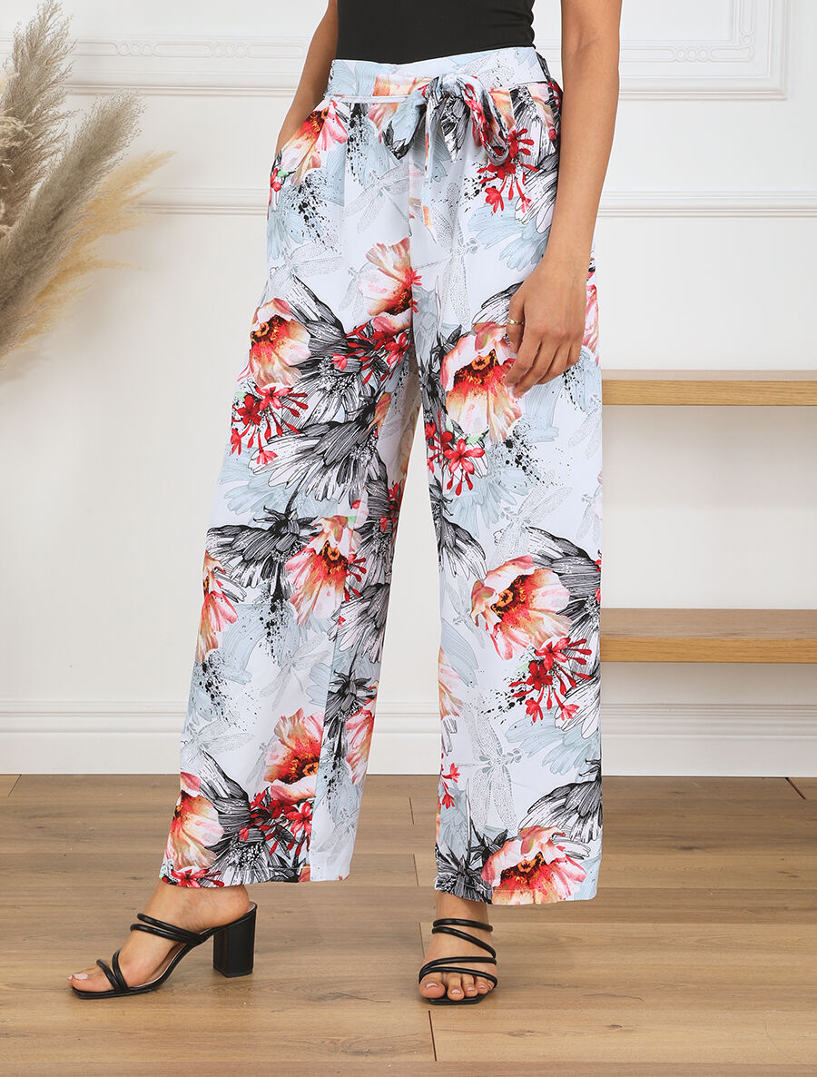 Pantalon ample motif fleurs fantaisies - Vert gris - 4